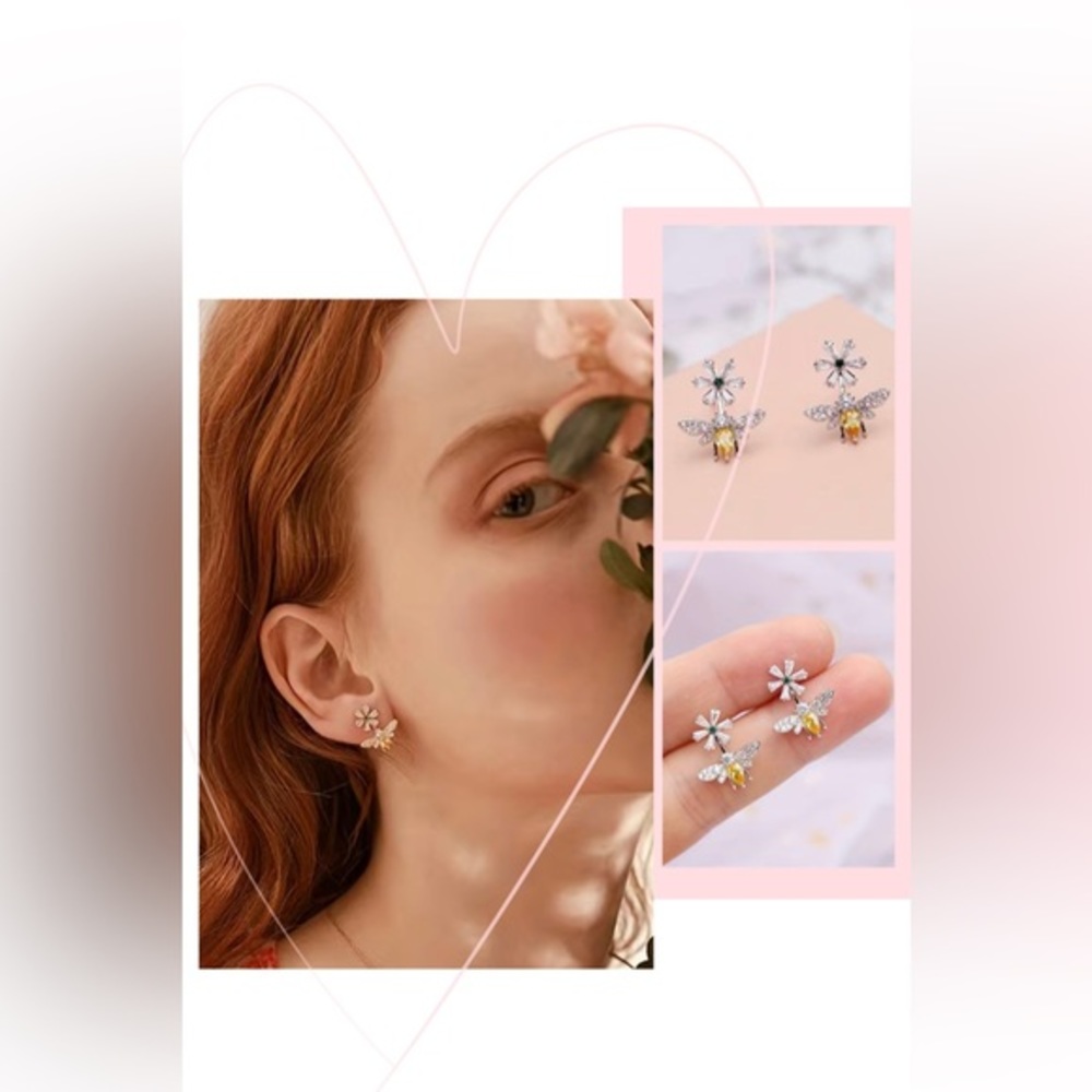 New Silver Plated Bee Picking Flowers Design Stud Earrings
